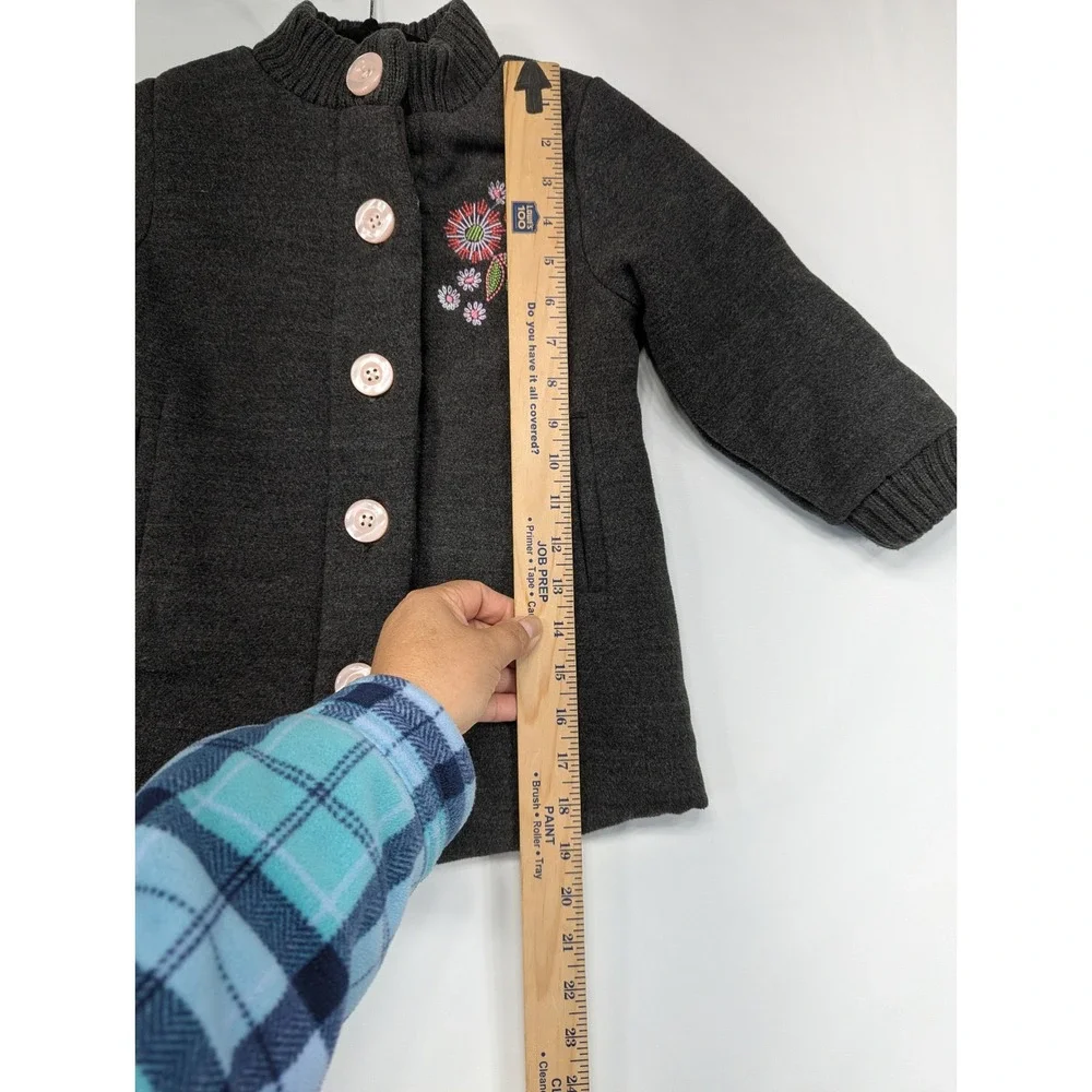 Penelope Mack Girls Dark Gray Button Front Embroidered Flower‎ Coat Size 4T